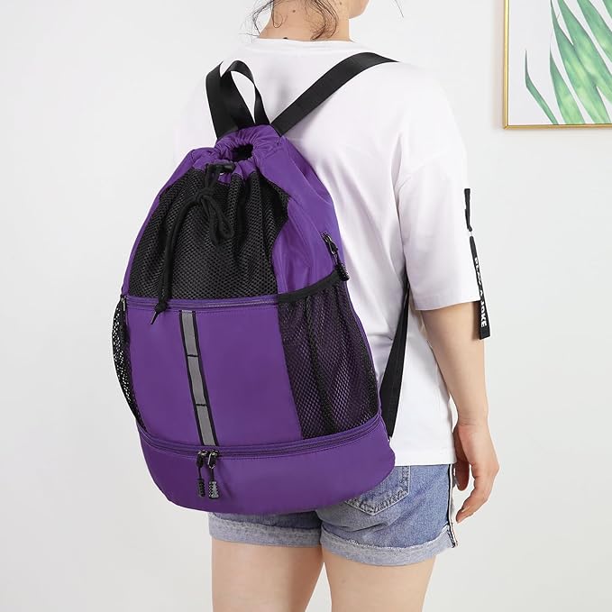 Valleycomfy Drawstring Gym Bag Sports Backpack With Shoe Compartment and Reflective Strips Purple