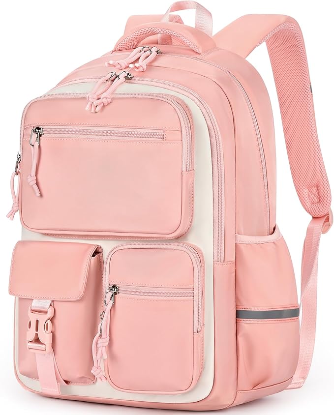 mibasies School Backpack for Teen Girls: 17.9 IN Backpack for Women with Laptop Compartment for Middle High Elementary School College Travel- Kids Bookbag Light Pink Beige