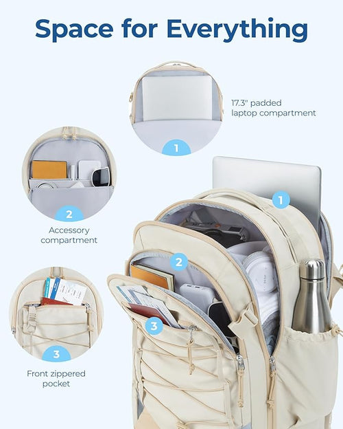 BAGSMART Carry On Travel Backpack, 17 Inch Large Travel backpack Carry On Flight Approved, Anti-theft Personal Item Backpack Travel Bag With Shoe Bag, 30L Water Resistant Casual Daypack, Beige