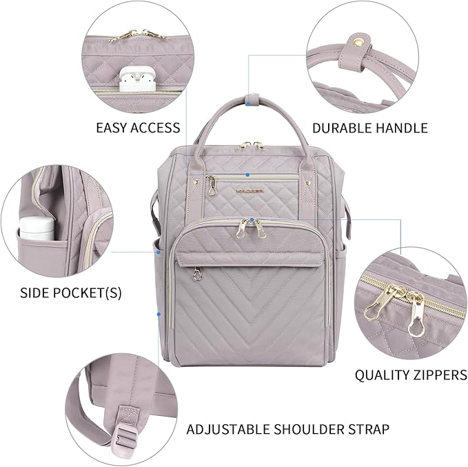 KROSER Laptop Backpack 17" Stylish Backpack Water Repellent College Casual Daypack with USB Port Travel Business Work Bag for Men/Women-Quilted Dusty Pink