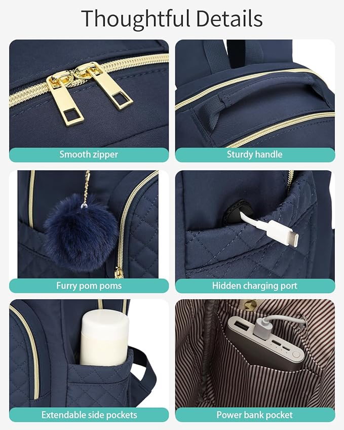 Laptop Backpack Women School Backpack for High School Teen Girls, Water Resistant College Bookbag with Charging Hole for Travel Work, Navy