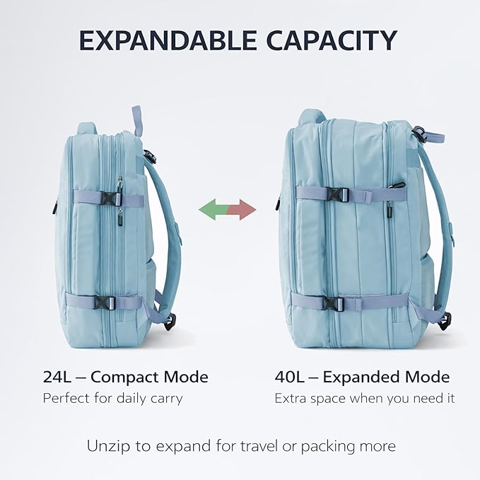 Travel Backpack, Expandable Large Capacity Business Work, Water Repellent Carry On Daypack with USB Charging Port, Fit 17 Inch Laptop, Bag for Men and Women, Sky Blue