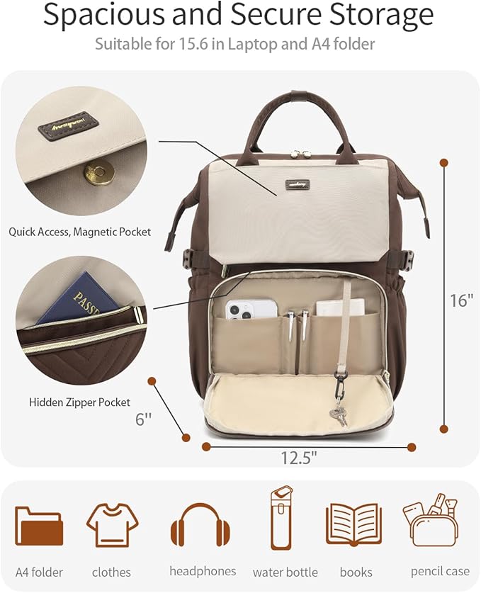 Computer Backpack for Women, Work Bag Laptop Bookbag with Cup Holder & USB Charger for Teacher Nurse College Travel Back Pack, Gifts, Nude Brown
