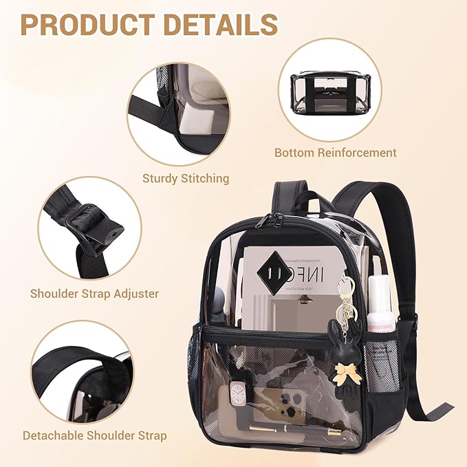 Clear Backpack for Stadium Events Approved 12×6×12, Thick TPU Mini Clear Bag with Front Pocket for Concert Sport Events Work Travel, Black