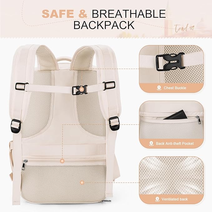 Maelstrom Travel Backpack for Women Men,35L Laptop Backpack Fits 17-Inch Laptop,Carry On Backpack for Airplanes with Crossbody Bag&Shoe Compartment&Toiletry Bag (Beige, Large)