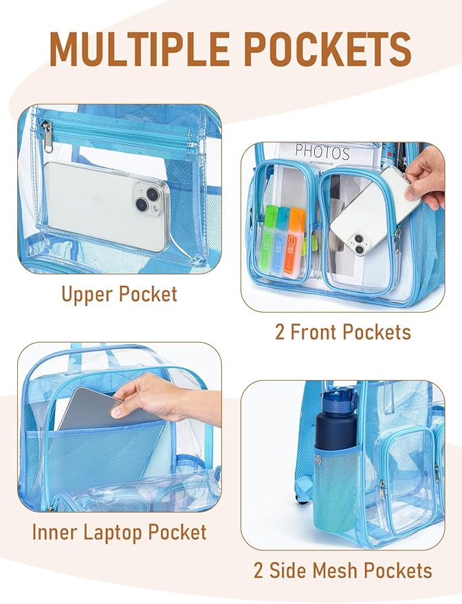 Clear Backpack Heavy Duty for Women Men Boys Girls, Clear Bookbag for School, 17 Inch Transparent Backpack with All-Around Reflective Strips for Work Casual Sport,Light Blue