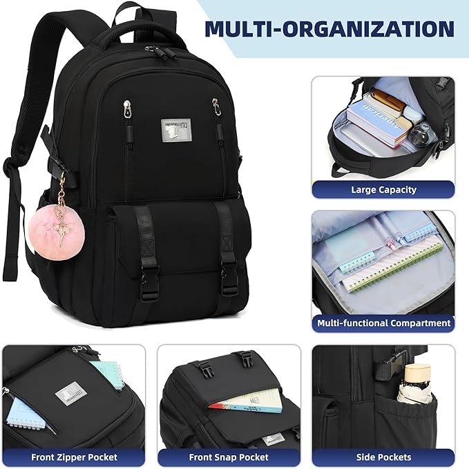 Caoroky knight Travel Laptop Backpack for Women Girls Elementary High School Bag College Backpacks Waterproof Daypack Large Bookbags Purse for Teens Students Computer Bags 15.6 Inch-Black
