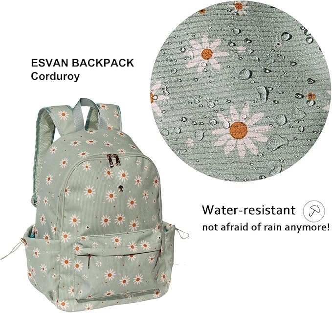 ESVAN Corduroy Backpack Lightweight Fashion 17 inch Laptop Bag for Women Casual College (Corduroy matcha daisy)