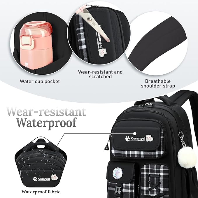 Cusangel Teen Girls Backpack for School, 18 inch Black Cute Daily BookBag, Large Capacity Waterproof Laptop Daypack