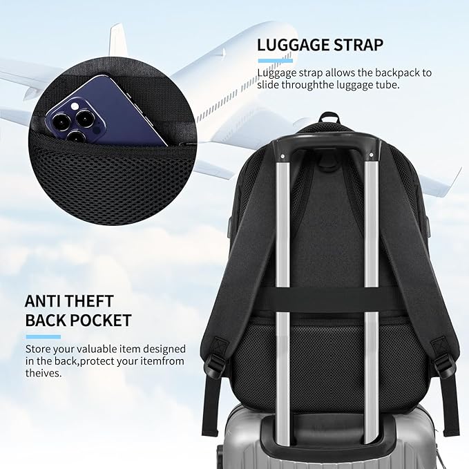 Backpack for Men Women, School Backpack, Large Quilted College Bookbag for Men, Water Resistant Travel Work Backpacks, Business Computer Back Pack with Reinforced Straps, Fits 17" Laptop Black