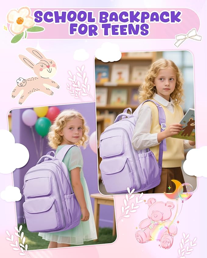 Backpack for Girls,Kids School Backpack Girls Cute Kindergarten Elementary Preschool Middle School Bags Kids Teens Aesthetic Bookbag Kawaii Backpacks Student Daypack Purple