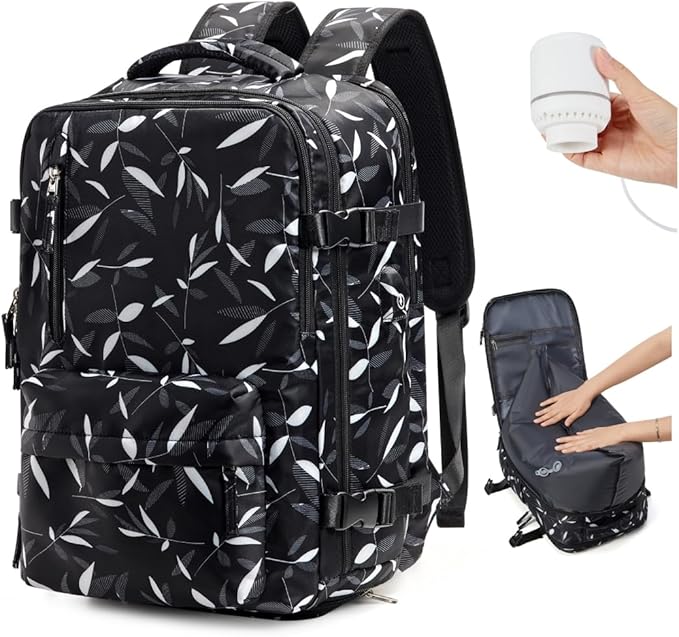 VGCUB Vacuum Backpack Travel with Pump Vacpack System Storage Compression Carry on Work Laptop Waterproof College Bags Casual Daypack Backpacks for Women Men with USB Charging Port Leaf Black