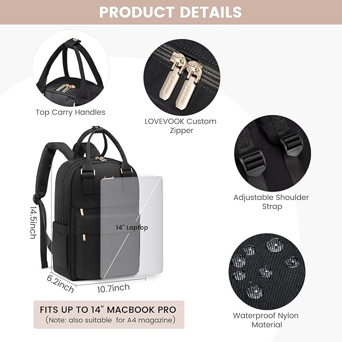 LOVEVOOK Backpack purse for Women, 14 Inch Laptop backpack Cute Waterproof Backpacks Stylish Travel Bags Vintage Daypacks Bookbag for College School Work