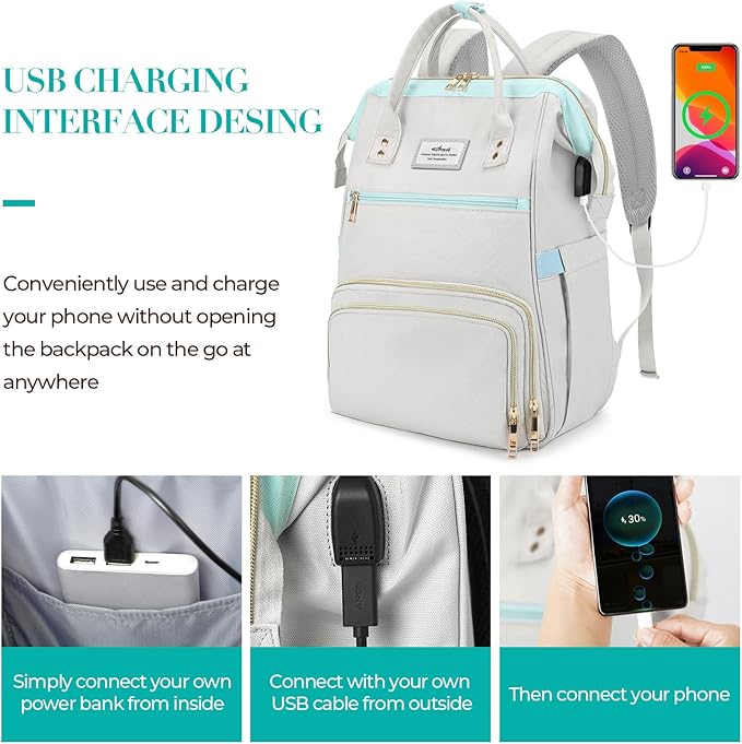 ETRONIK Lunch Backpack, 15.6 Inch Laptop Backpack with USB Port, Stylish Nurse, Teacher Work Bag with Insulated Cooler Lunch Box for Women Men, College Backpack for Travel, Grey Blue | with USB Port, Stylish, Nurse, Teacher, Work Bag
