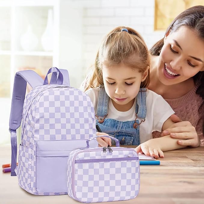 LEDAOU Kids School Backpack with Lunch Box for Girls Kindergarten Elementray BookBag School Bag Preschool Toddler Backpack (Purple Checkered)