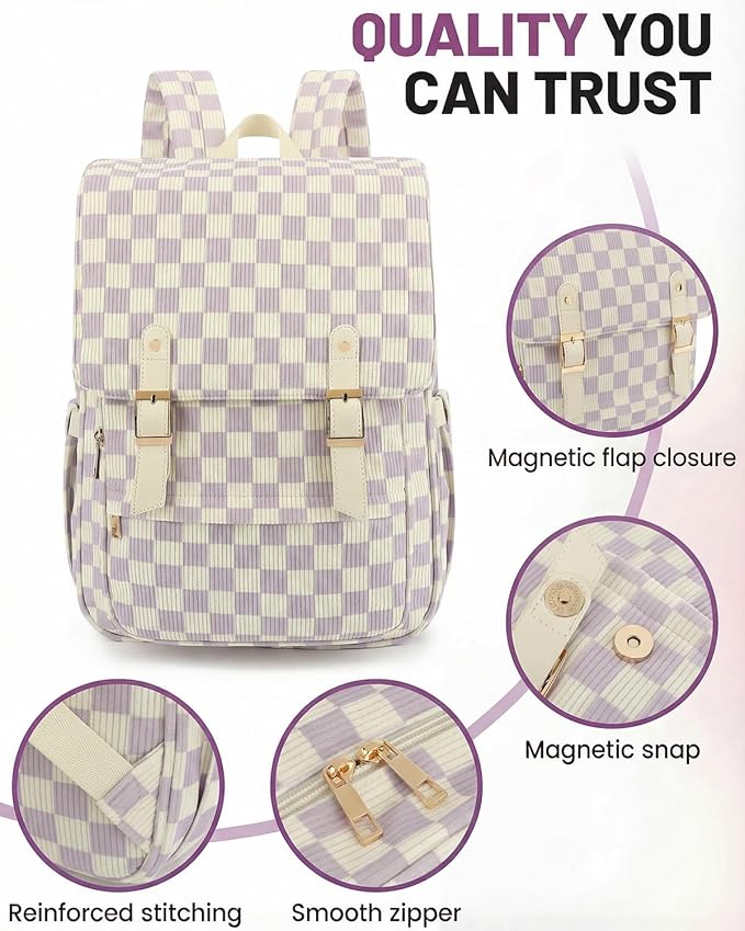 Corduroy Laptop Backpack for Women, Fits 15.6 Inch Computer Bag, College High School Bookbag Travel Daypack Purse, Work Business Bags - Corduroy Checkered Purple
