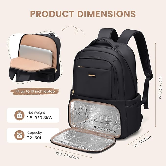Lunch Backpack 16 Inch Laptop Backpack with Insulated Cooler Lunch Box Food Bag for College Work Camping Picnics (Black)