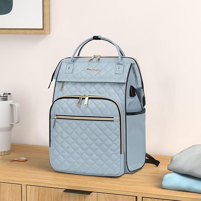 EMPSIGN 17 Inch Laptop Backpack for Women, Work Business Travel Computer College Bags, Large Capacity Water-repellent Quilted Casual Daypack with USB Port, Light Blue