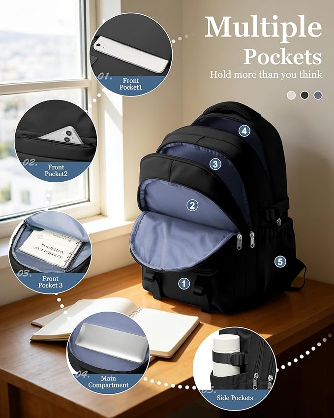 Black Waterproof Aesthetic Backpack For School, Cute High School Bookbag For Teen Girls Boys, Lightweight Casual Daypack Backpack For Women Men, College Backpack With Lots Of Pockets