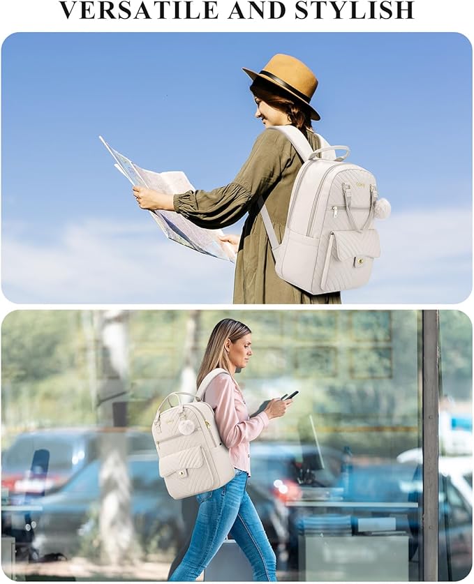 Aesthetic Bookbag for School Girls, Laptop Backpack with Charging Hole for College Women Teens Casual Daypack, Beige