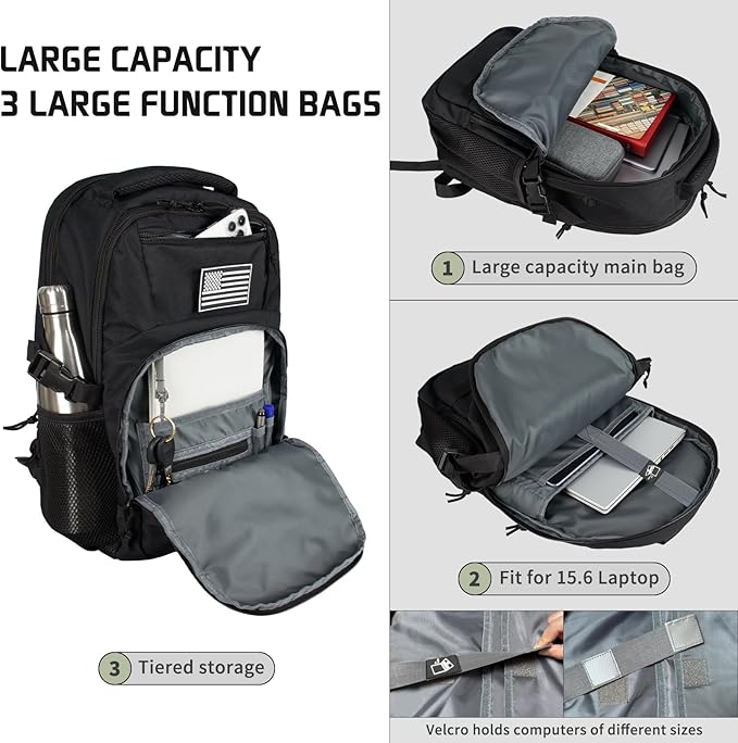 15'' Travel Laptop Backpack for Men, 25L Tactical College Backpacks with Water Pouches Both Sides, Portable Backpack for Men Women Business Work Bag Fight Approved, Small Black Backpack