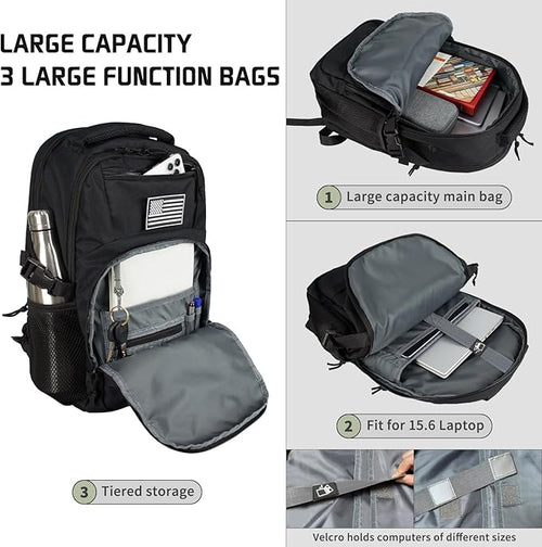 15'' Travel Laptop Backpack for Men, 25L Tactical College Backpacks with Water Pouches Both Sides, Portable Backpack for Men Women Business Work Bag Fight Approved, Small Black Backpack