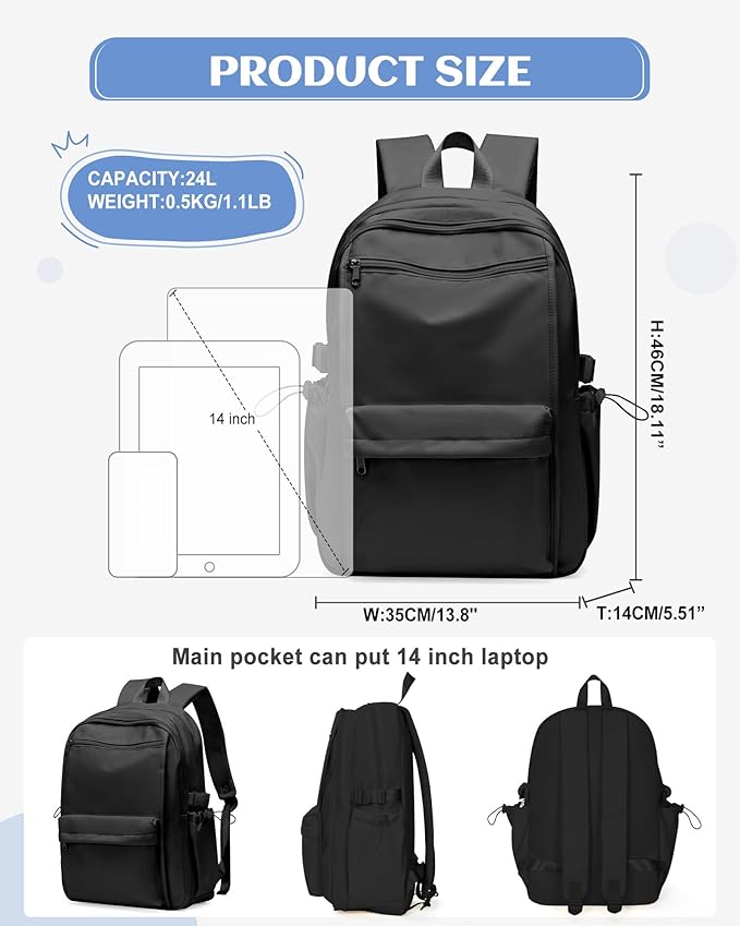 Black School Backpack for Teen Girls Lightweight College Backpack Women Travel Backpacks Waterproof High School Bookbag for Men Classic Casual Daypacks