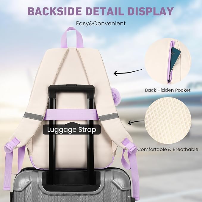 School Backpack for Teen Girls, Cute College Backpacks for Women Students Aesthetic Bookbag Large 15.6 Inch Laptop Bag Middle School Travel Back Pack (Purple Beige)