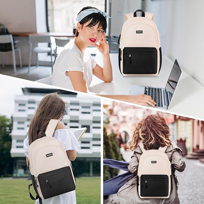 School Backpack for Teens Girls, Cute Student Bookbag Large 15.6 Inch Laptop Bag Aesthetic College Backpacks for Women High School Travel (Black Beige)