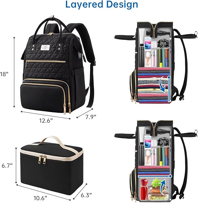 ETRONIK Lunch Backpack for Women, 17.3 Inch Laptop Backpack with USB Port, Stylish Nurse Backpack Teacher Work Bag with Insulated Cooler Lunch Box for Women Men/Travel, Black