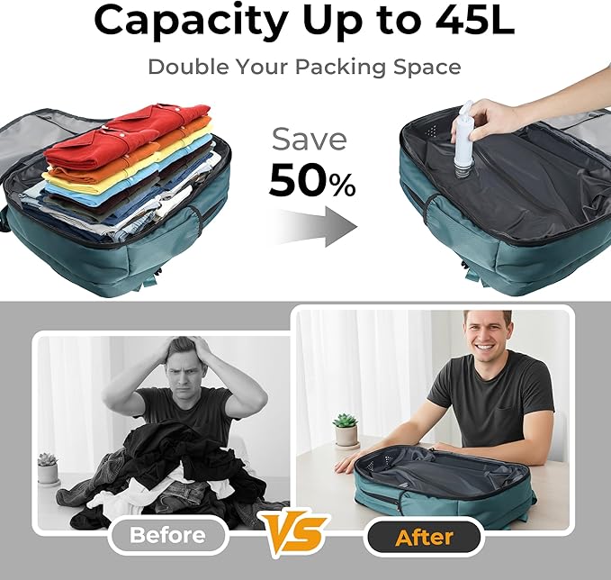 Vacuum Compression Backpack, Carry-On Size Travel Backpack with Vacuum System and Pump, Expands to 45L Packing Capacity, Fits 17” Laptop & 2–5 Days of Clothes, Water-Resistant Compression Backpack