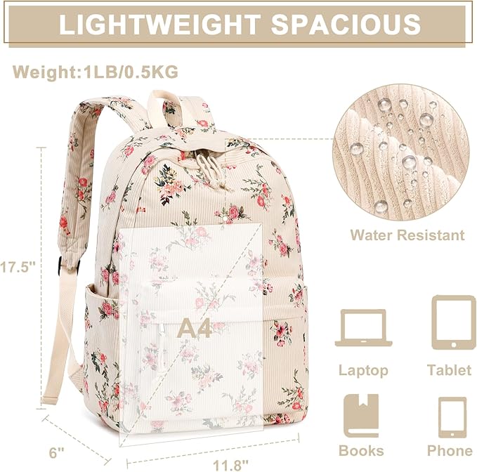 School Backpack for Teen Girls Women Laptop Backpack College Bookbags Middle School Travel Work Commuter Back Pack(Corduroy flower)