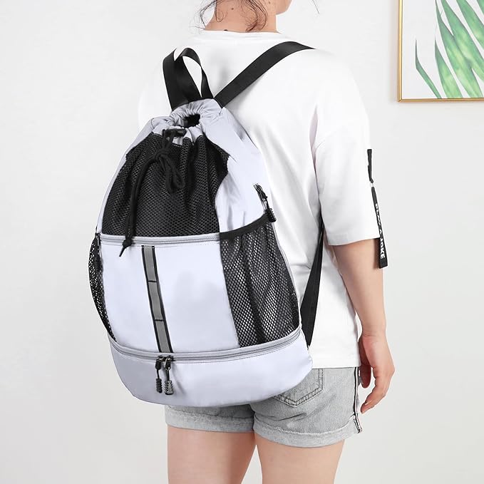 Valleycomfy Drawstring Gym Bag Sports Backpack With Shoe Compartment and Reflective Strips White