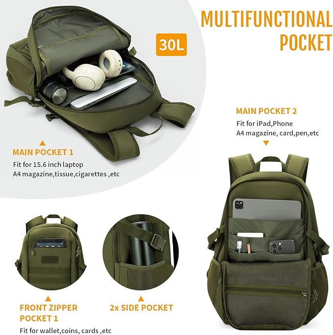 HUNTVP 10L/20L/30L Tactical Backpack Military MOLLE Backpack Rucksack Gear Tactical Assault Pack for Hunting Camping Trekking (30L-Army Green)