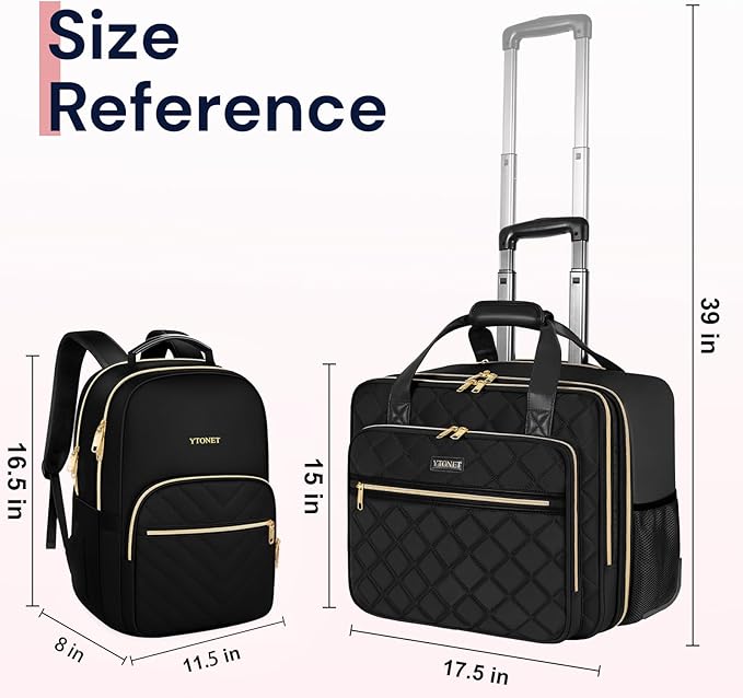 Ytonet Rolling Briefcase for Women, 2pcs Set 15.6 Inch Travel Backpack with 17.3 Inch Rolling Laptop Bag, Large Roller Laptop Briefcase with Wheels, Water Resistant Roller Teacher Bag for work, Black