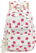 Girls Backpack for College High Middle School Student, Cute Aesthetic Bookbag for Teens Women with Accessories, Beige Strawberry