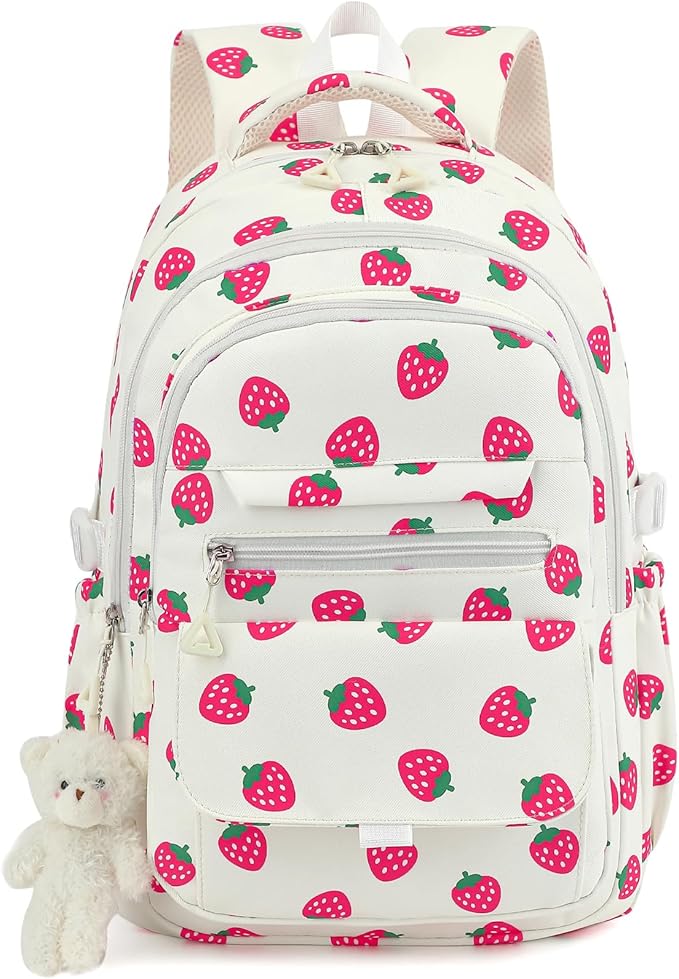 Girls Backpack for College High Middle School Student, Cute Aesthetic Bookbag for Teens Women with Accessories, Beige Strawberry