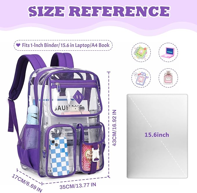 Clear Backpack for School,Heavy Duty PVC Transparent Bookbag for Girls Stadium Approved See Through Backpack
