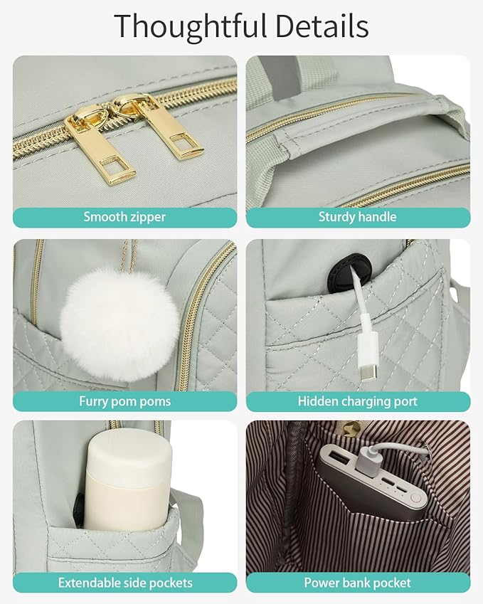 Laptop Backpack Women School Backpack for High School Teen Girls, Water Resistant College Bookbag with Charging Hole for Travel Work, Light Green