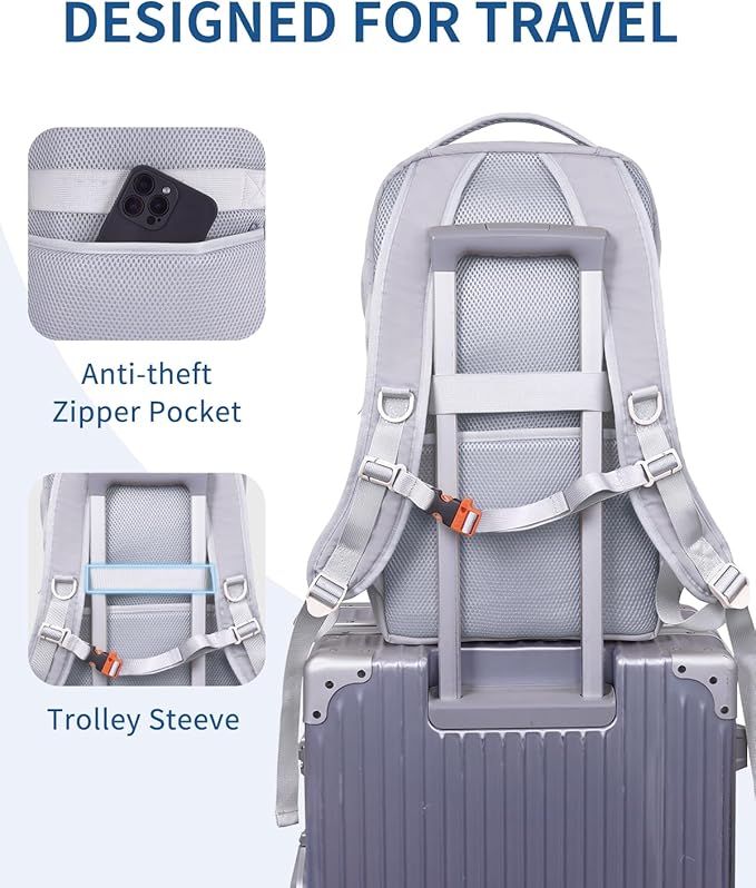 WANDF 15.6-Inch Laptop Backpack for Women, Travel Backpack Water-Resistant Lightweight College Work Backpack (Light Grey)