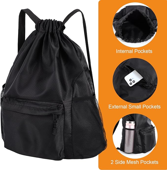 Drawstring Backpack, Gym Bag with Water Bottle Pocket, Drawstring Sackpack, Waterproof String Backpack for Soccer, Basketball, Swim for Women Men