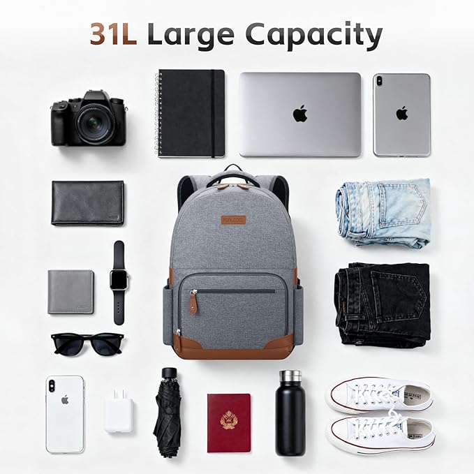 RealCool Laptop Backpack, 31L Travel Backpacks Gift for Women Men, Fits up to 15.6-17 Inch,Water Resistant College Bookbag, for School Business Trip (Gray)