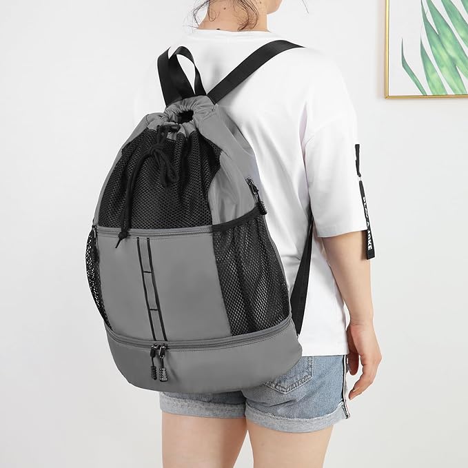 Valleycomfy Drawstring Gym Bag Sports Backpack With Shoe Compartment and Reflective Strips Grey