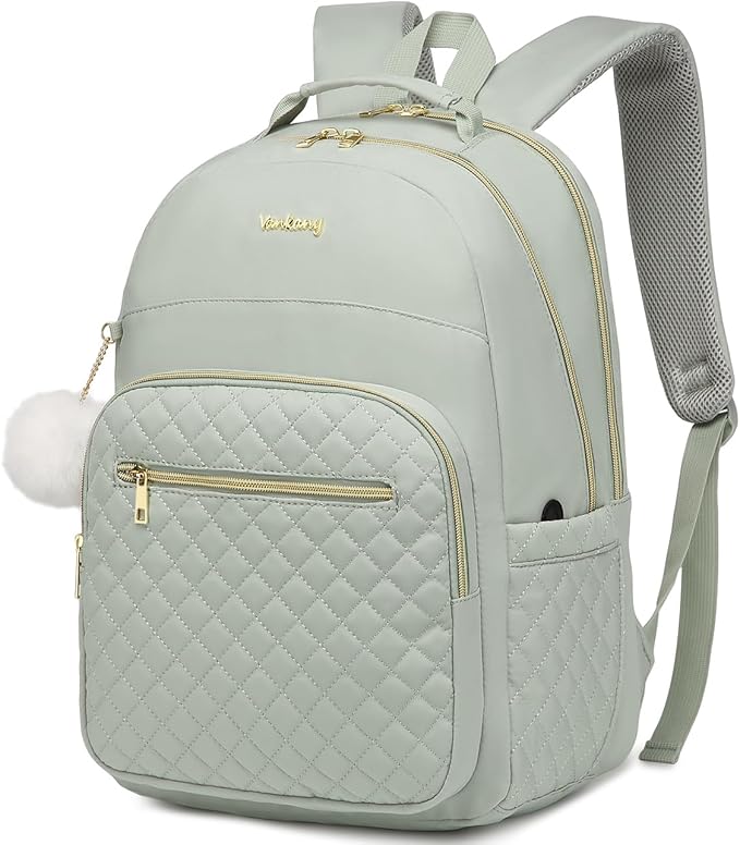 Laptop Backpack Women School Backpack for High School Teen Girls, Water Resistant College Bookbag with Charging Hole for Travel Work, Light Green