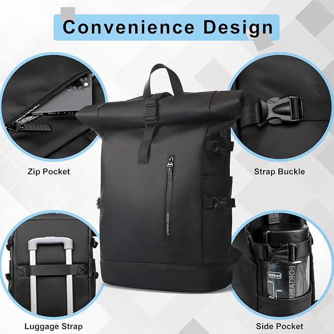 Rolltop Backpack, 15.6 Inch Waterproof Laptop Backpack with USB Charging Port, Expandable 18-27L Travel Backpack for Men Women, Casual Daypack for Work Business College-Black