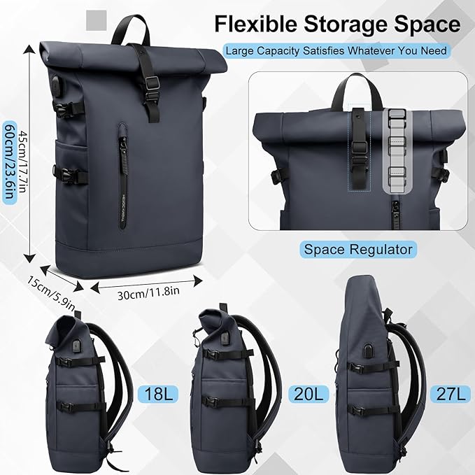 Rolltop Backpack for Men Women, 15.6 Inch Waterproof Travel Backpack with USB Charging Port, Expandable 18-27L Laptop Backpack Casual Daypack for Work Business College-Blue