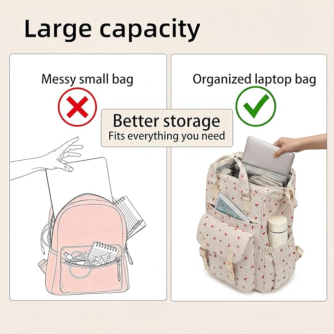 Corduroy Laptop Backpack for Women 15.6 Inch Stylish College School Bookbag, Business Work & Travel Computer Backpacks (Cherry Beige)