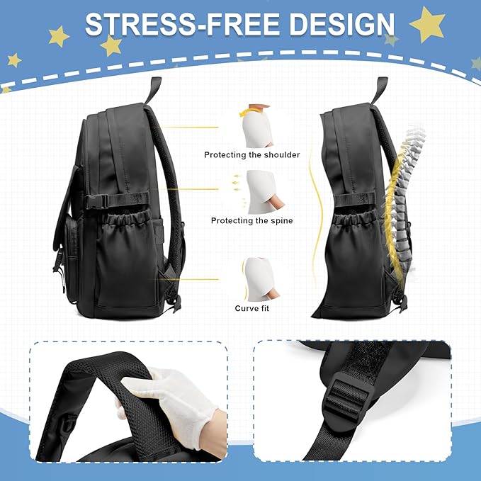 Black Lightweight Waterproof Backpack for Women Men Large Capacity College School Bag with Luggage Straps Multiple Pockets Durable High School Bookbag, Casual Daypacks for Students Girls Boys