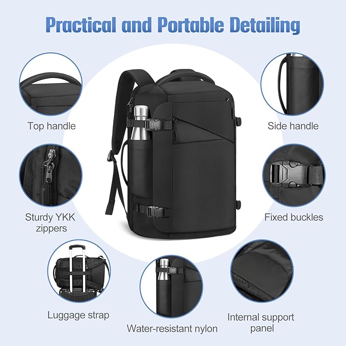 MoKo Travel Backpack for Men, Large 40L TSA Flight Approved Carry on Backpack, 17 inch Laptop Backpack 180° Openable & Expandable, Water-Resistant Lightweight Business Weekender Bag Daypack, Black