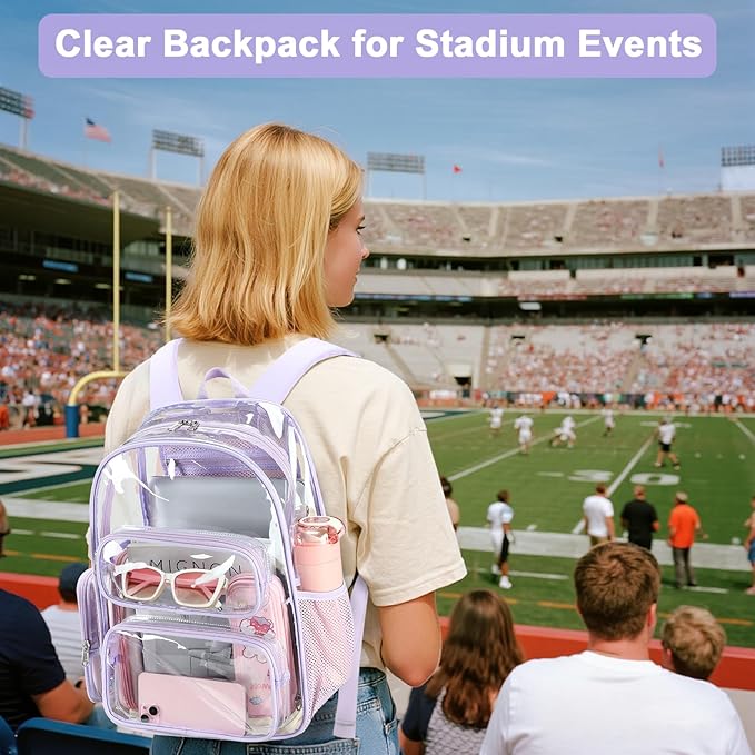 BTOOP Clear Backpack Heavy Duty Transparent Backpack 17" See Through Bookbag for College Work Festival Security Padded Strap (Purple)